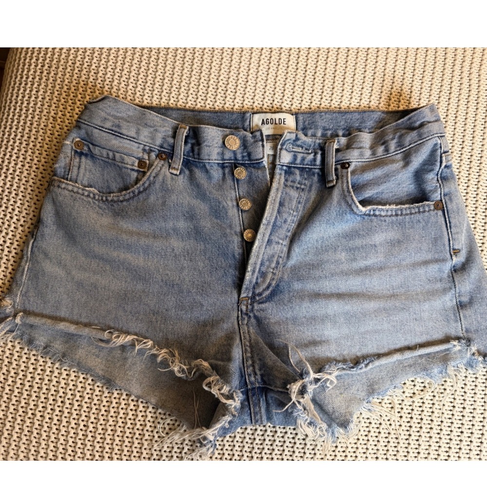AGOLDE Parker High Rise Light Wash Blue Denim Cutoff Shorts Size 26